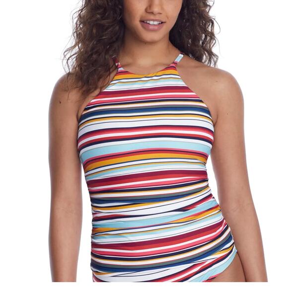 Anne Cole Boardwalk Stripe High-Neck Multi Blue & Pink Swim Tankini Top XS NWT - Picture 1 of 4